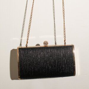 Black and Gold Faux Textured Leather Evening Clutch with Removable Crossbody Cha